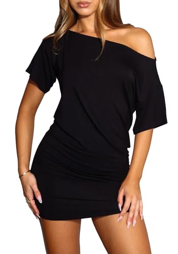 OOQONQ Women's Off The Shoulder Short Sleeve Casual Bodycon Mini Dress 2025 Summer Club Party Cocktail T Shirt Dresses(Large, Black)