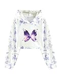 OYOANGLE Girl's Tie Dye Butterfly Print Long Sleeve Crop Hoodie Pullover Sweatshirts Tops White 11-12Y