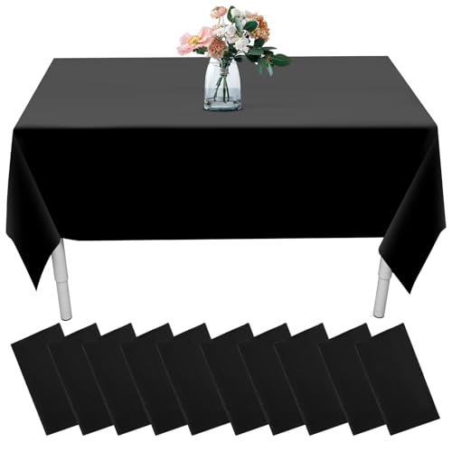 Incisite Pacote de 10 toalhas de mesa descartáveis, toalha de mesa preta, toalha de plástico de 137 x 274 cm, toalhas de mesa pretas para mesas retangulares, toalha de mesa impermeável para festas,