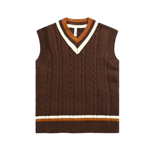 Men Retro College Style Color Block V-Neck Sleeveless Knitted Vests Winter Layered Sweater Waistcoat