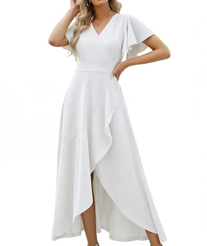 Image of Long Black Formal Dresses for Women Gowns Evening Party Cocktail Dress,Split Elegant V Neck Wrap Ruffle Wedding Guest Dresses