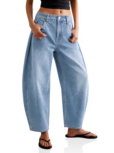 Flowyair Womens Barrel Jeans High Waisted Wide Leg Pleated Denim Pants