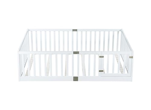 Image of Bellemave Full Size Kids Montessori Floor Bed Frame with Door and Slats,Solid Wood Floor Bed Frame with Slats and High Fence for Kids,Girls,Boys,White