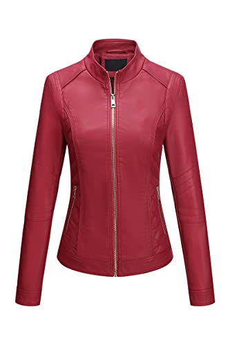 Bellivera Women's Faux Leather Jacket Moto Soft Stand Collar Overcoat 36 Red L #TOP7