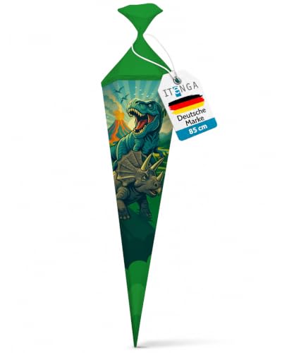 itenga Motiv Schultüte 85cm für Jungen eckig mit Tüllverschluss stabile Zuckertüte - Motiv z. B. Dinosaurier Traktor Rennauto Feuerwehr Polizei Fußball (Dinosaurier Dino World)