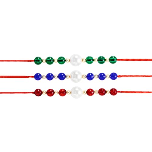 Image of Peora CZ Pearl & Crystals Studded Thread Rakhi for Brother Bhaiya | Combo Set of 3 | Raksha Bandhan Hamper with Roli Chawal & Greeting Card