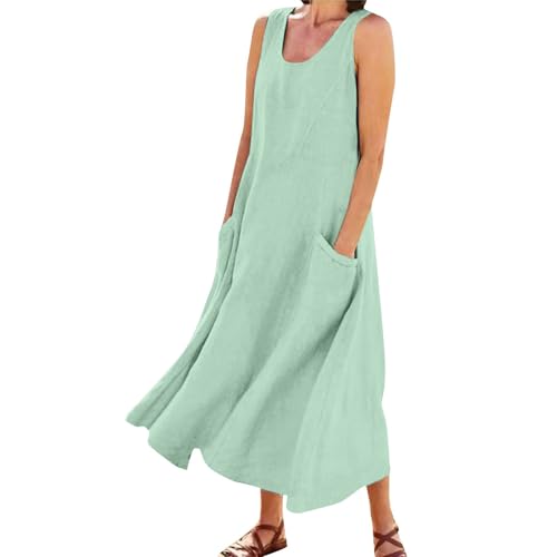Sommer Damen Leinen Baumwolle Ärmellos Kleid Rundhals Lose Casual Strandkleid Elegant Boho Kleider mit Taschen Grün