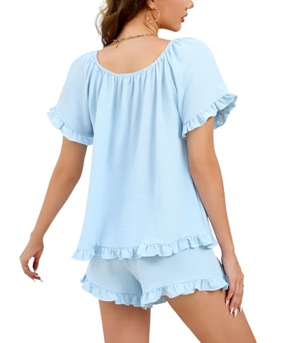 Image of KFUBUO Womens Pajamas Set 2 Piece Ruffle Pj Soft Short Sleeve Tops and Shorts Sleepwear Set Cute Pajama Sets for Women