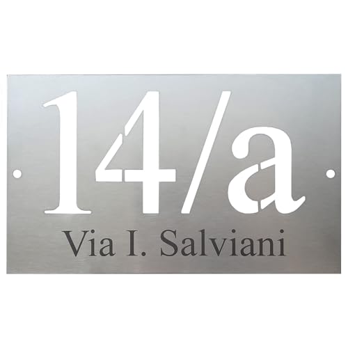 GUIZZO Creart - Numero Civico Esterno in Acciaio Inox Modificabile, Targhetta Personalizzata Via/Nomi, Targhetta Porta Ingresso Personalizzata con Numeri Civici Esterni, Made in Italy, 18,5x11,5H cm