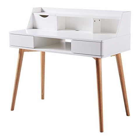Teamson Home Versanora, Creativo Wooden Writing Desk, 101.6 x 48.3 x 94.3 cm, MDF, with Storage, shelves and drawers, Office, White/Natural, VNF-00045, Wood, One Size Cover