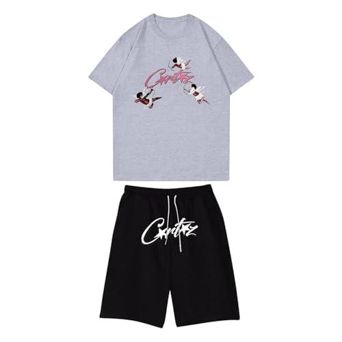 Conjunto corto de 2 piezas para hombre, conjunto de chándal de moda impreso, gimnasio, correr, cómodo, al aire libre, suelto, ropa casual de verano para correr, gris, XXL