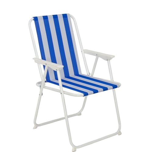 Pincho Silla Plegable Silla De Playa, Tumbona Playa Plegable, Tumbona Jardin Exterior Resistente, Camping Ligera Portátil - Tejido Transpirable Marron con Reposabrazos (Rayas Azules)