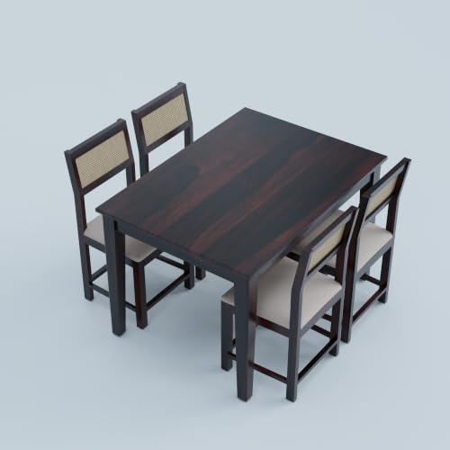 Image of DRIFTINGWOOD Amber Solid Sheesham Wood 4 Seater Dining Table Set with Rattan Back Chairs | Beige Velvet Cushioned Seating for Home & Dining Room (Walnut Finish, DIY)