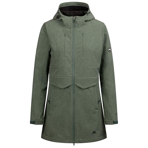 Trespass Womens Softshell Hooded Jacket Aylmer - Softshell, Grown on Hood, Longer Length, Chin Guard, 2 Zip Pockets on Chest & Hem, Rubber Badge, Flat Cuff Adjuster