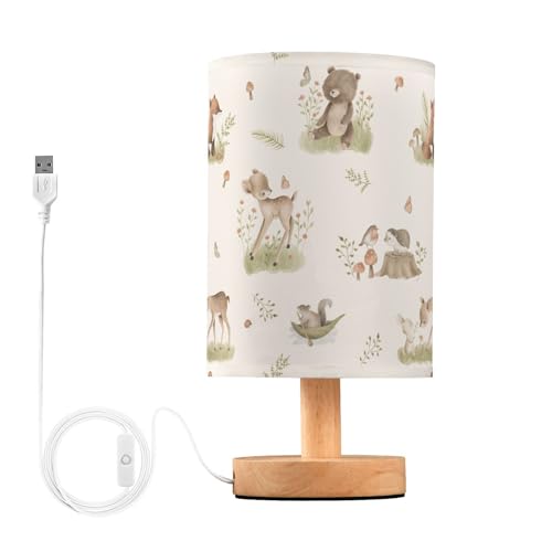 Image of Oarencol Bedside Table Lamp Woodland Animals Nightstand Lamp with Wood Forest Fox Deer Rabbit Bird Bear Mushroom Desk Lamps for Bedroom Living Room Nursery Office Home Decor