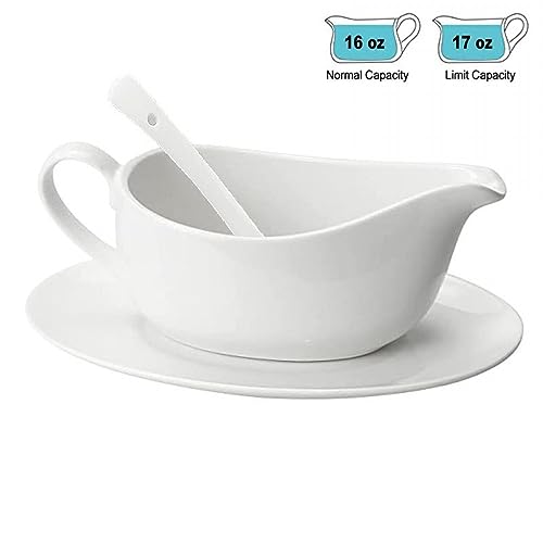 Gravy Boat With Ladle and Saucer 17 Oz,Ceramic Sauce Boat with Tray for Salad Dressings Milk,Warming Sauces,Creamer,Broth,Black Pepper,White (1 PCS New Gravy Boat With Ladle and Saucer) - Image 5