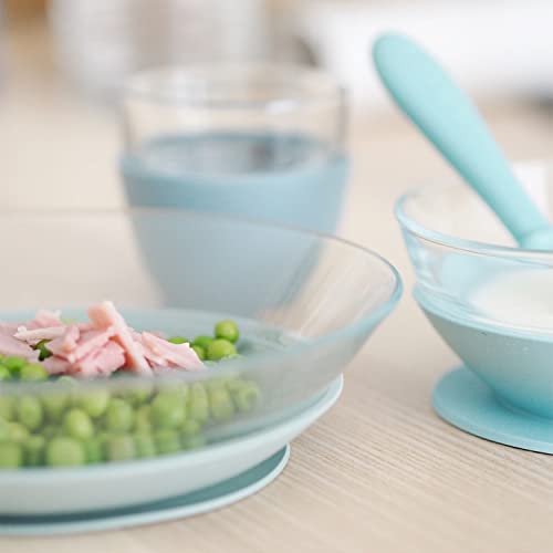 Image of BEABA 3-Piece Glass Meal Set with Suction Pad, Toddler Plate and Baby Bowls with Suction, Non Slip Kids Dinnerware Set, 2.5x Stronger than Regular Glass, (Rain)
