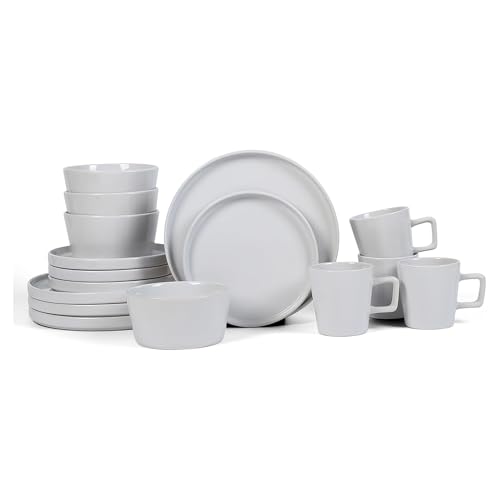 Image of Stone Lain Celina Modern Stoneware 16-Piece Dinnerware Set, Plates and Bowls Set, White Glossy, Dish Set Service For 4