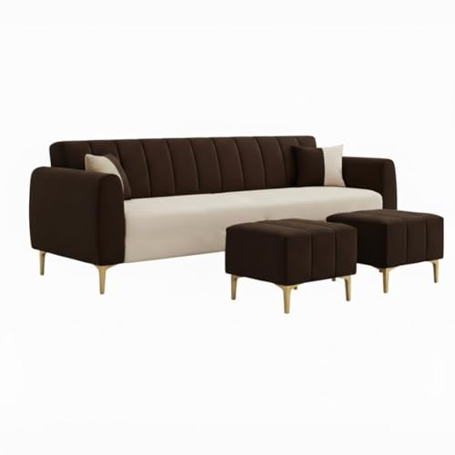 Image of Habibi 5 Seater L Shape Sofa Set with 2 Movable Ottomans | Flexible Layout | Rich Velvet Suede Fabric | Silver Legs | Dual Tone Modern Sofa for Living Room (Dark Brown-Cream)