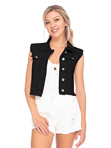 Anna-Kaci Womens Distressed Denim Button Up Sleeveless Crop Vest4