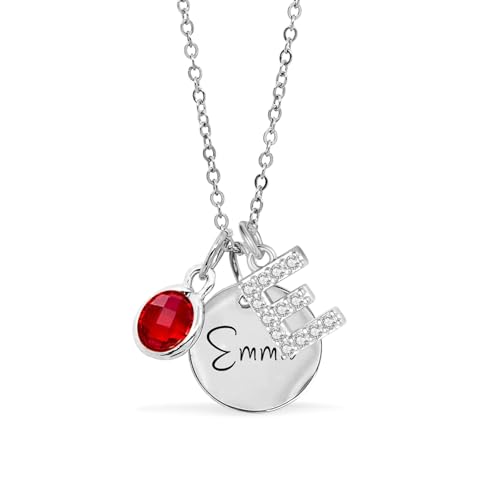 Customized Birthstone Necklace with Initial, Personalized Silver Name Plate Necklace for Women, Custom Pendant Jewelry Gifts for Christmas Birthday Thanksgiving Anniversary