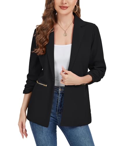 MINTLIMIT Womens Blazer 3/4 Ruched Sleeve Button Front Jackets Casual Work Office Cardigan Suit Jacket with Zipper Pocket4