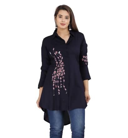Solid Casual Full Sleeve Hand Embroidery Rayon Women's Long Shirt-picture-55