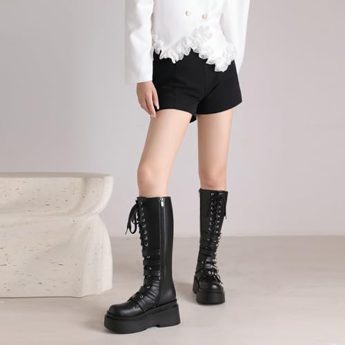 Image of Parisuit Women's Knee High Goth Platform Boots Lace Up Combat Boots | Chunky High Heel, Buckle Boots, Punk Chain Boots