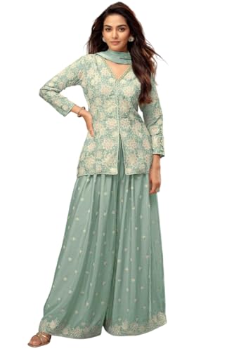 Image of Xomantic Fashion Womens Olive Color Art Silk Readymade Short Top With Palazzo