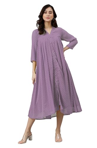 Image of Janasya Women's Dobby Chiffon Woven Design Front Slit Flared Kurta