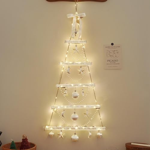 Albero di Natale da parete con luci a LED, albero di Natale da parete illuminato, albero di Natale in legno luminoso da parete, rustico salvaspazio albero fatato luci per interni decorazione da