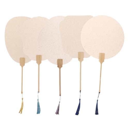 SEWACC 5pcs Paper Handheld Fans, Blank Hand Fans Chinese Paper Fan Round Paddle Wedding Fans for DIY Hand Painting Crafting