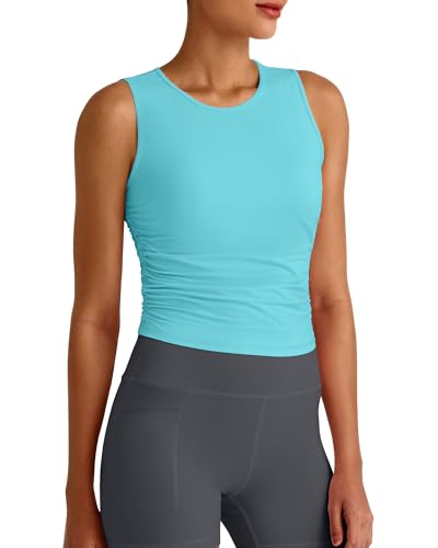 Image of G4Free Skimetic Workout Tank Tops for Women Side Ruched Sleeveless High Neck Crop Top Summer Athletic Gym Shirts
