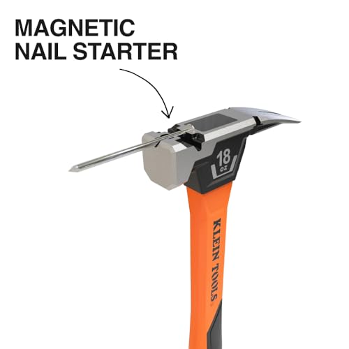 Image of Klein Tools H80918 Smooth Face Fiberglass Hammer with Straight Claw, 18-Ounce Forged Steel, Magnetic Nail Starter, and Extra-Large Squared Strike Face