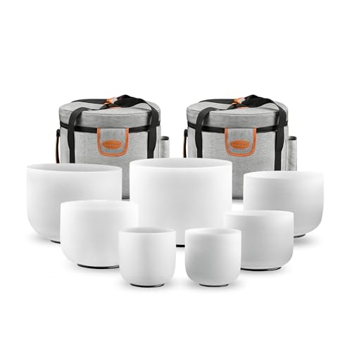 Ryan Dvan 432Hz 7-12 Inch 7 Chakra Crystal Singing Bowl Set Frosted Quartz Crystal Sound Therapy Kit with Suede Mallets 2 Travel Cases O-Ring Tool for Yoga Meditation Energy Balancing Reiki Healing