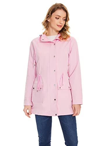 BBX Lephsnt Pink Hooded Rain Jacket for Women - Lightweight Waterproof Windbreaker Trench Coat, Medium - Image 2
