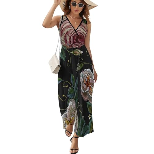 Robe longue d'été sans manches fleur vintage style maxi col en V décontracté