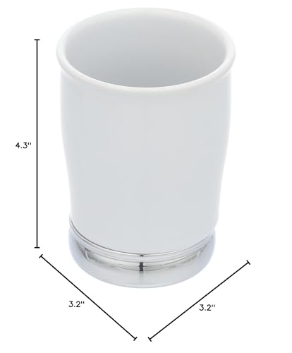 iDesign York Ceramic and Metal Tumbler, Makeup Brush Toothbrush Holder Cup for Bathroom, Countertop, Desk, Dorm, College, and Vanity, 3.25" diameter x 4.25", White and Chrome