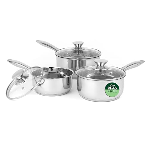 Russell Hobbs 3 Piece Saucepan Set - Stainless Steel Includes 16/18/20 cm Cooking Pan with Tempered Glass Lids and Steam Vents Dishwasher Safe Suitable for All Hob Types