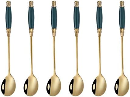 Classic Dinner Spoons Stainless Steel Ceramic Handle Porcelain 6-Pack Green Gold Oval