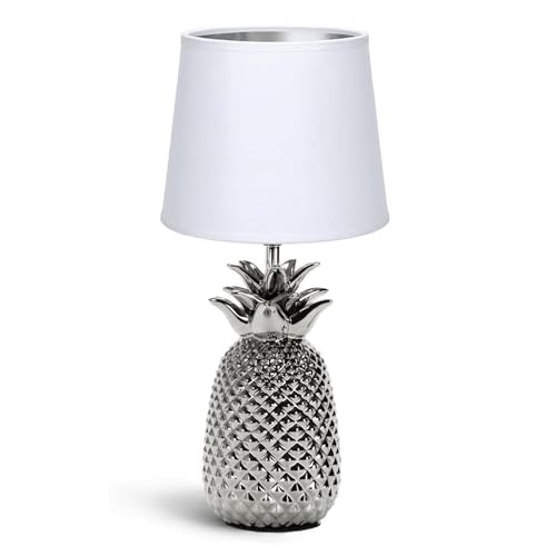 Aigostar 197209 - Lámpara de Cerámica, casquillo E14. Forma de piña, Plateado. Lámpara de Mesa o Mesita de Noche, Pantalla de Tela, Lámpara Escritorio Diseño moderno para Dormitorio, Estudio, Salón