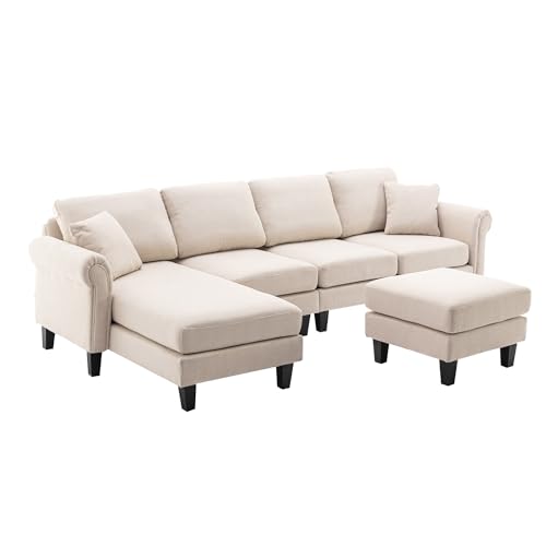 Image of Nathan 6 Seater L Shape Sofa with Centre Table | 6 Seater Sofa Set for Living Room | Premium Fabric Sofas (Nathan Cream, LHS)
