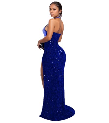 Image of Nagfar Women Sexy Elegant Rhinestone Beaded Halter Split Bodycon Long Dress Birthday Prom Club Night Outfits(SY1105-Blue-L)