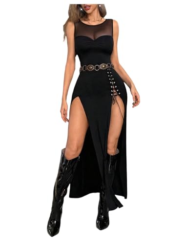 Women's High Slit Tank Dress Mesh Lace Up Side Sleeveless Crew Neck Long Dresses Club Concert Outfits