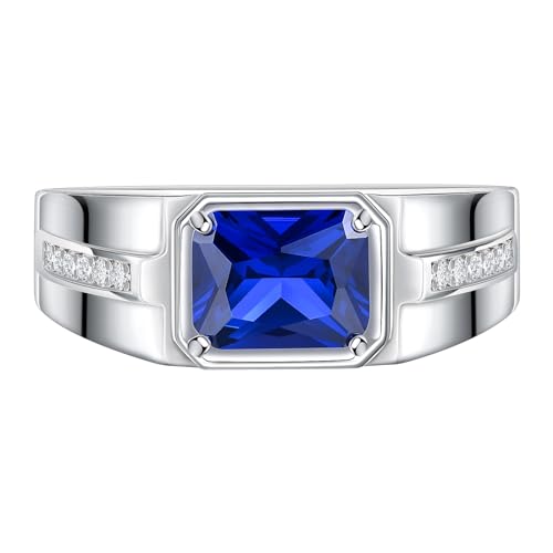 Sapphire Ring 925 Sterling Silver Mens Wedding Band Pave 5A Cubic Zirconia Round Cut Blue Gemstone Promise Ring For Him Size 7-14