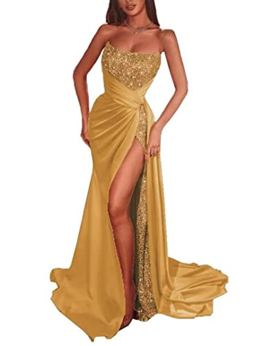 Robe de bal sirène HYY01 en satin à paillettes dorée pour mariage chic