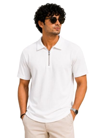 Men's Waffle Zipper Knit T-Shirt with Stylish Zip Polo Neck Half Sleeve Breathable & Lightweight Casual Streetwear Tshirt for Men-picture-45