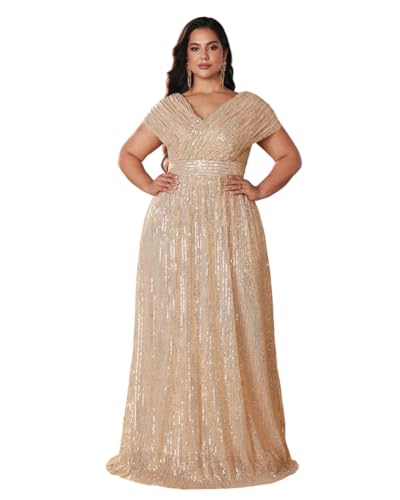 Women's Plus Size V Neck Sequin Formal Maxi Dress A-Line Prom Evening Party Gowns