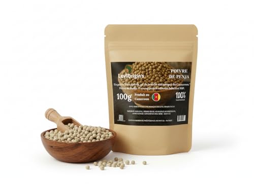 Levl Origin's Poivre Blanc de Penja Premium du Cameroun, 100g, Épice Naturelle, Conservation 500 Jours, Emballage 25x20x15 cm
