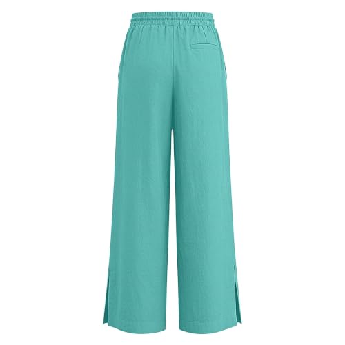 Image of Girls Linen Pants Wide Leg School Uniform Pants Cozy Elastic Waist Summer Casual Beach Lounge Trousers with Pockets